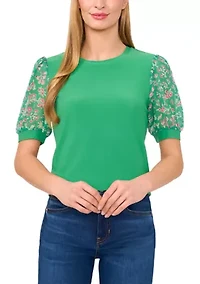Women's Mix Media Floral Sleeve Knit Top