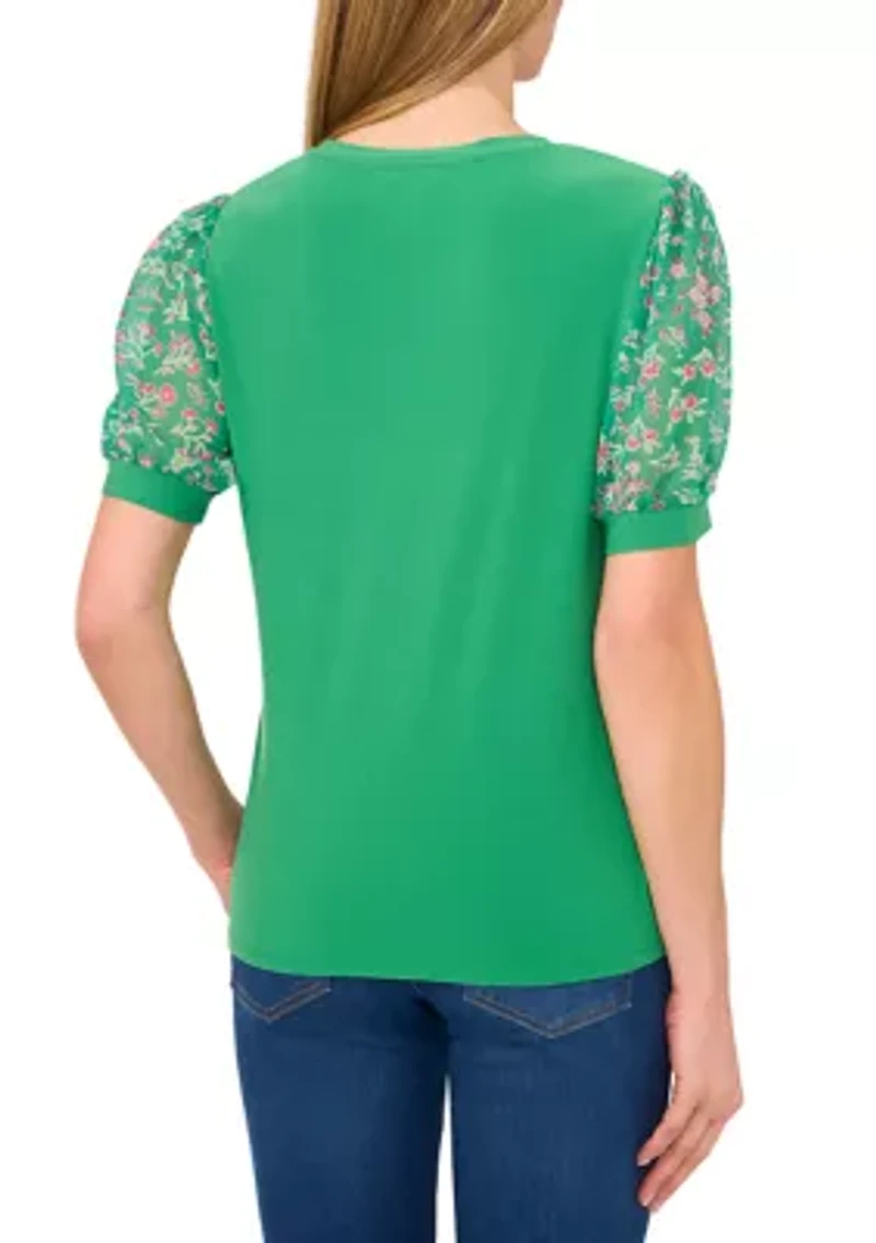 Women's Mix Media Floral Sleeve Knit Top