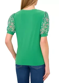 Women's Mix Media Floral Sleeve Knit Top