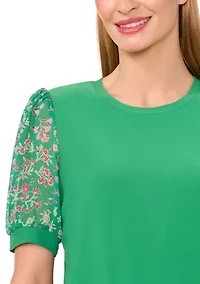 Women's Mix Media Floral Sleeve Knit Top