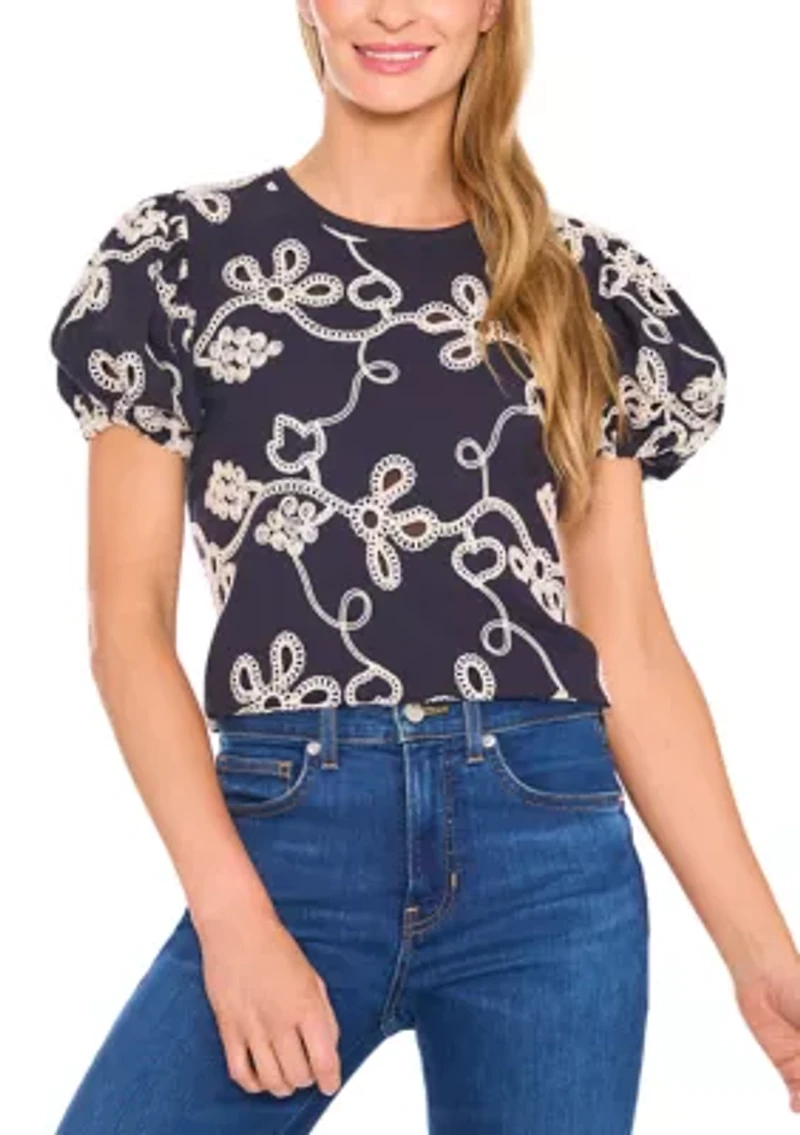 Women's Mixed Media Knit Embroidered Top