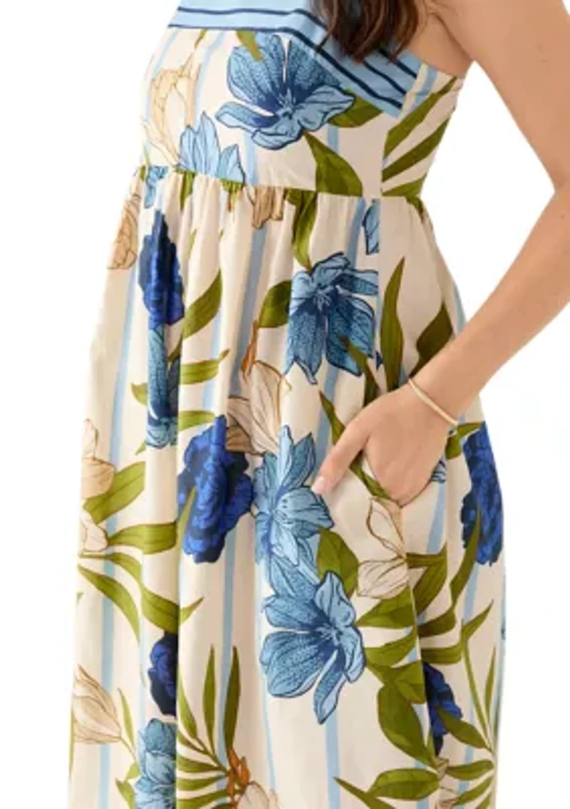 Women's Sleeveless Stripe Border Floral A-Line Maxi Dress