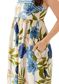 Women's Sleeveless Stripe Border Floral A-Line Maxi Dress