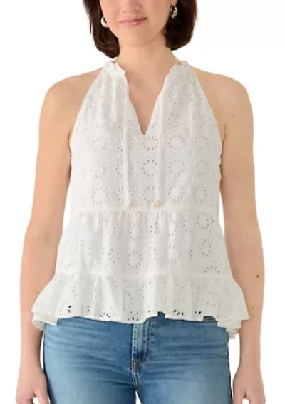 Women's Halter Ruffler Hem Eyelet Top