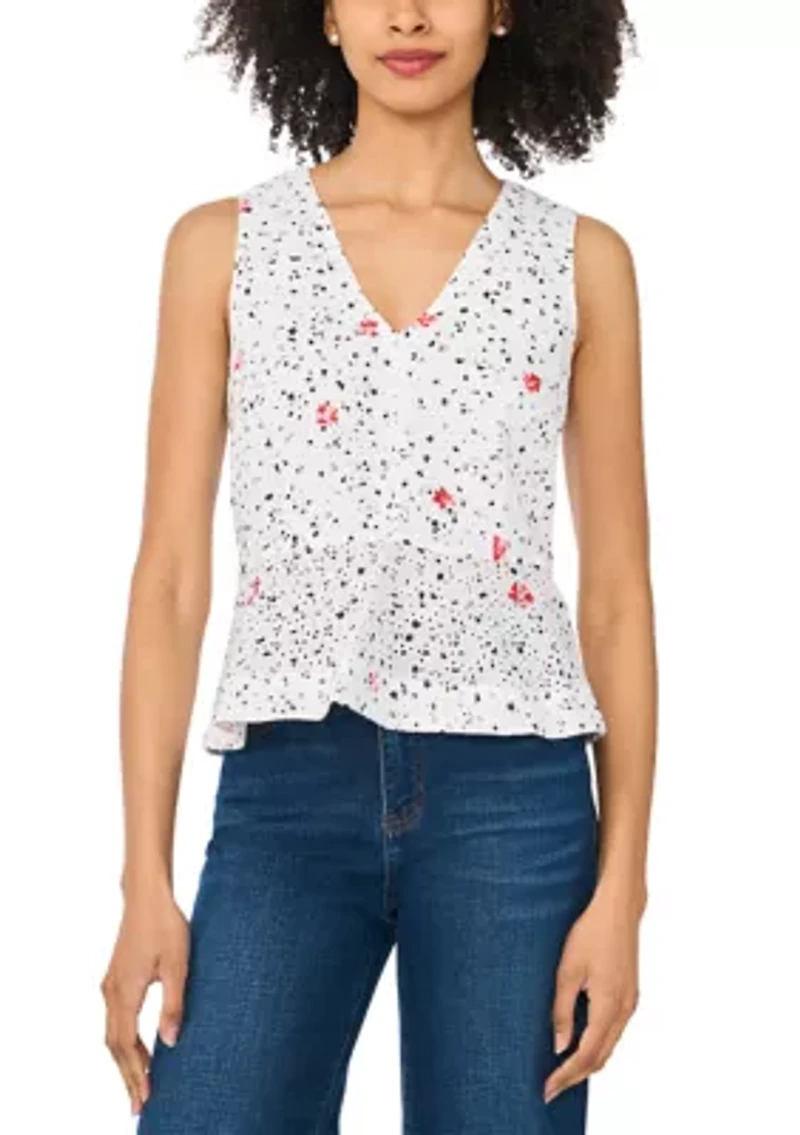 Women's Sleeveless Printed Eyelet Peplum Blouse