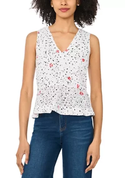 Women's Sleeveless Printed Eyelet Peplum Blouse