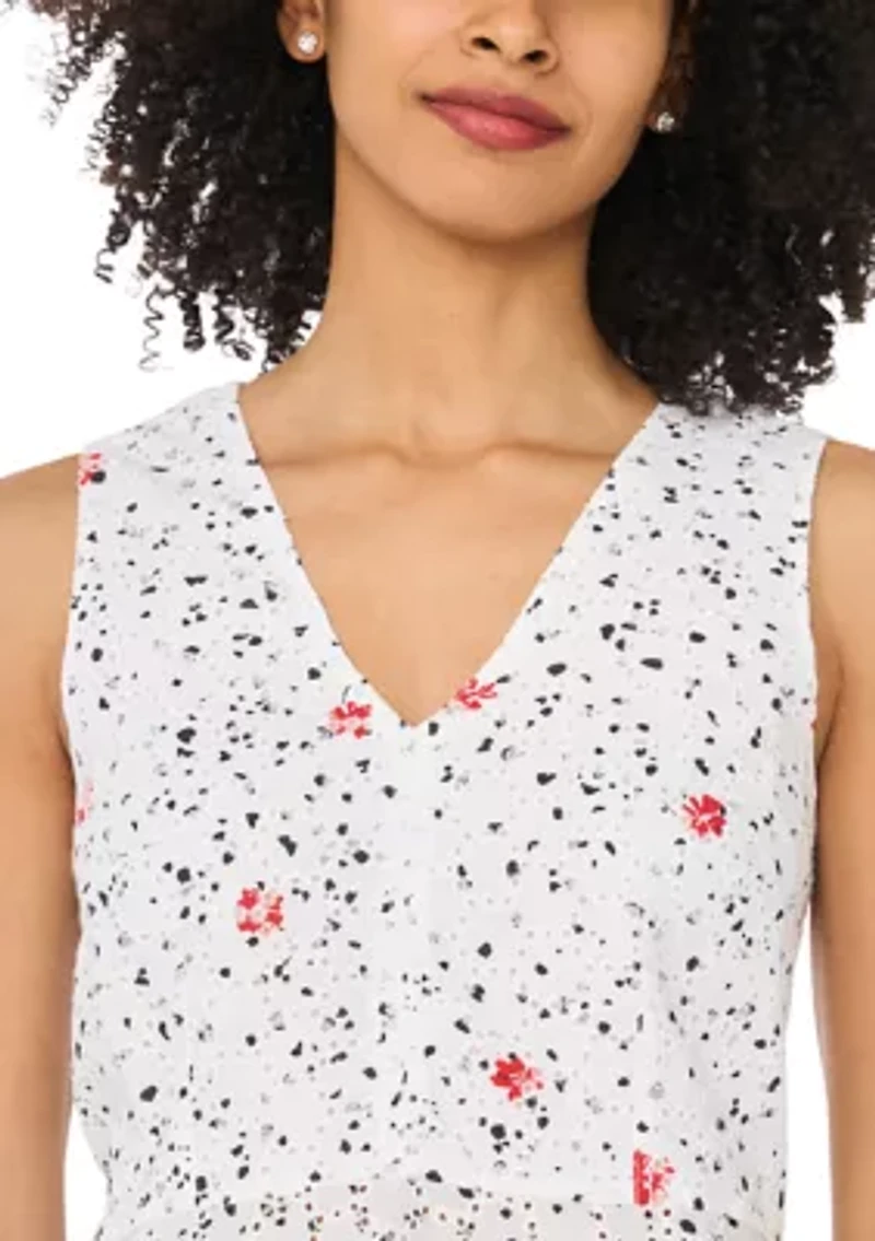Women's Sleeveless Printed Eyelet Peplum Blouse