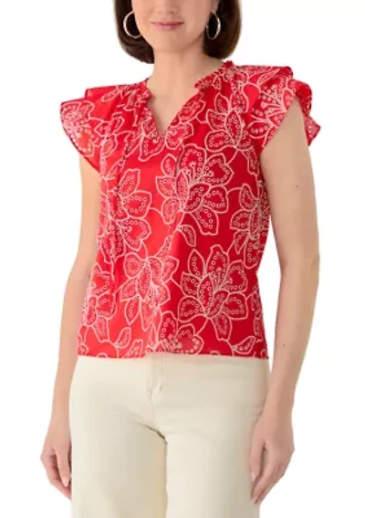 Women's Flutter Sleeve Split Neck Floral Embroidered Blouse