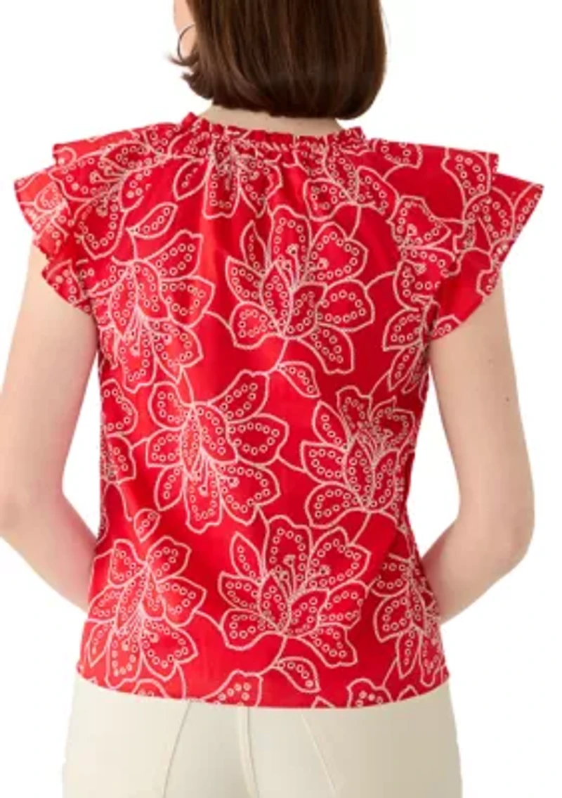 Women's Flutter Sleeve Split Neck Floral Embroidered Blouse