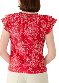 Women's Flutter Sleeve Split Neck Floral Embroidered Blouse