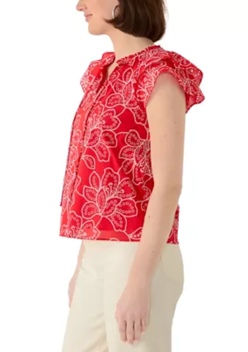 Women's Flutter Sleeve Split Neck Floral Embroidered Blouse