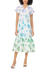 Women's Short Sleeve Ombre Floral Pleated Shirtdress