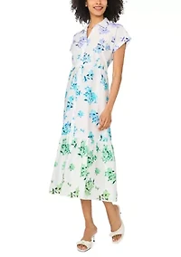 Women's Short Sleeve Ombre Floral Pleated Shirtdress