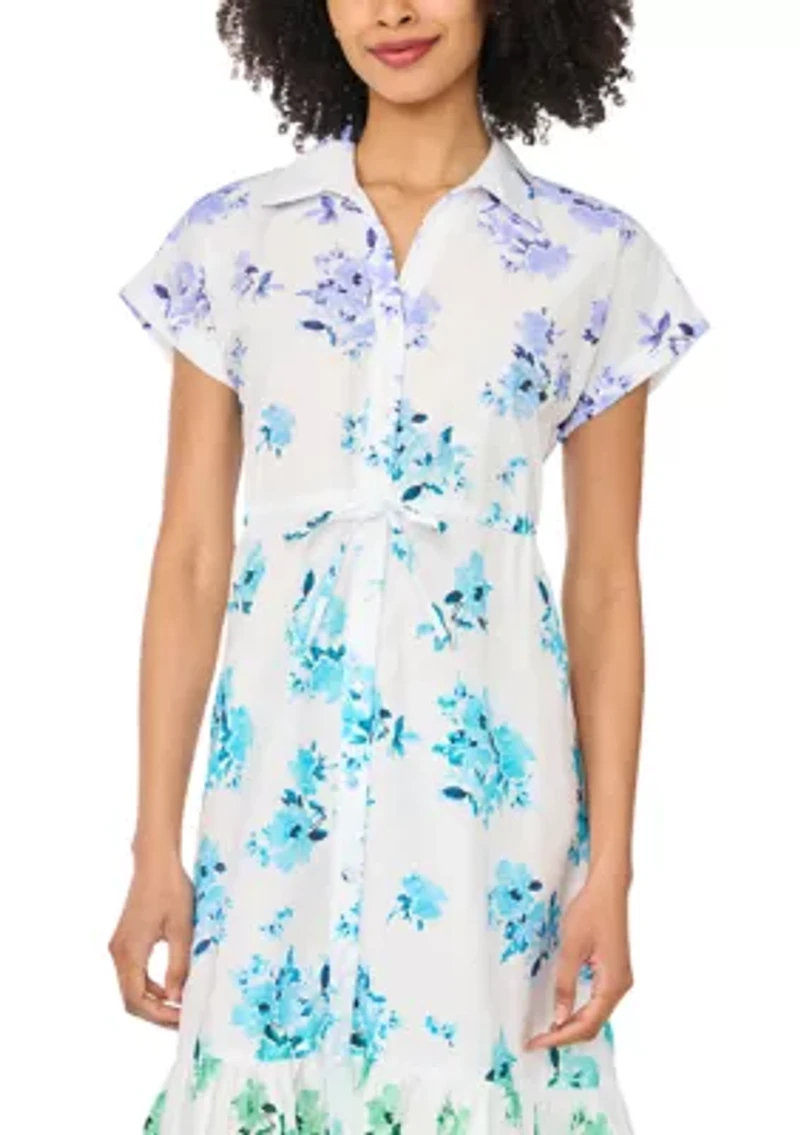 Women's Short Sleeve Ombre Floral Pleated Shirtdress