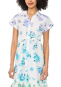Women's Short Sleeve Ombre Floral Pleated Shirtdress