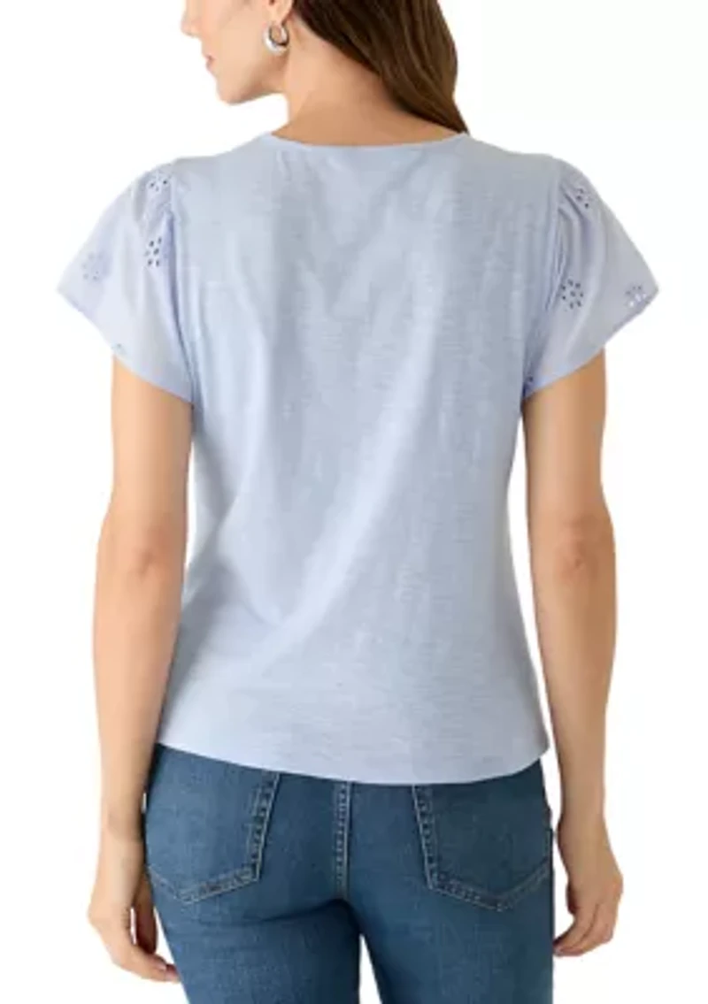 Women's Ruffle Eyelet Sleeve Mix Media Knit Top