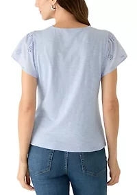 Women's Ruffle Eyelet Sleeve Mix Media Knit Top