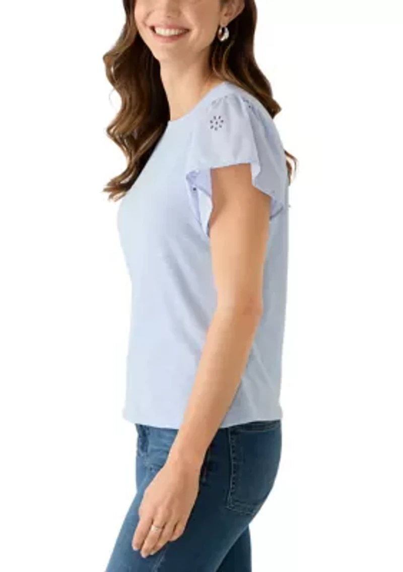 Women's Ruffle Eyelet Sleeve Mix Media Knit Top