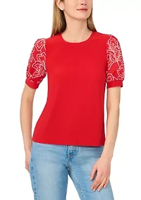 Women's Eyelet Sleeve Crew Neck Mix Media Knit Top
