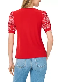 Women's Eyelet Sleeve Crew Neck Mix Media Knit Top