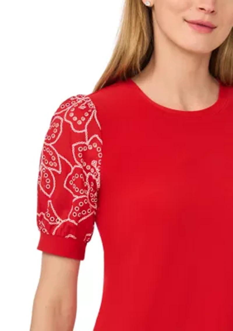 Women's Eyelet Sleeve Crew Neck Mix Media Knit Top
