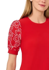 Women's Eyelet Sleeve Crew Neck Mix Media Knit Top