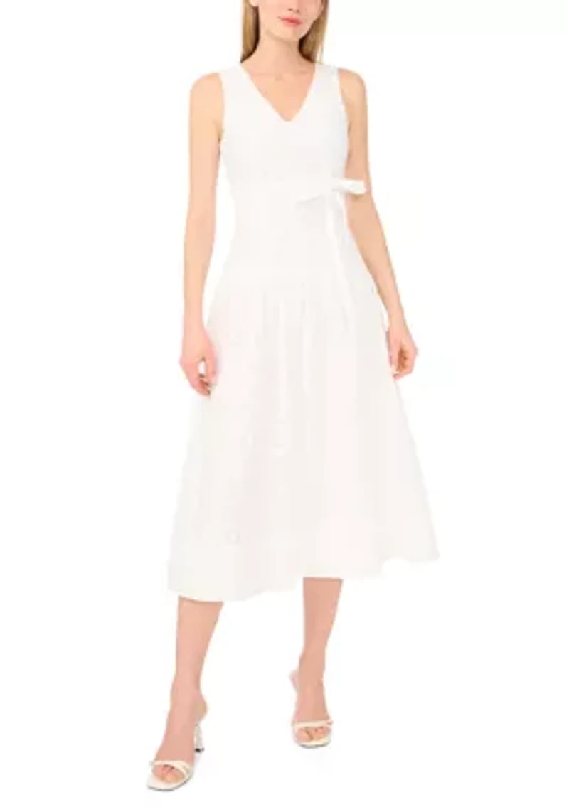 Women's Sleeveless V-Neck Belted Eyelet Midi Dress