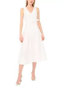 Women's Sleeveless V-Neck Belted Eyelet Midi Dress