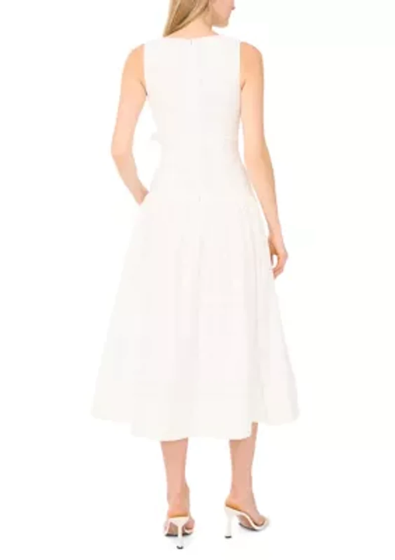 Women's Sleeveless V-Neck Belted Eyelet Midi Dress