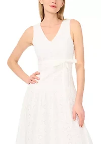 Women's Sleeveless V-Neck Belted Eyelet Midi Dress