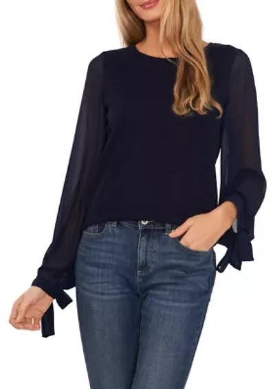 Women's Chiffon Pleated Long Sleeve Crew Neck Sweater