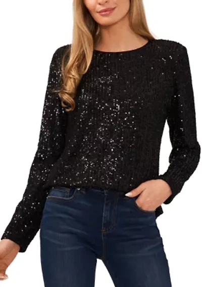 Women's Long Sleeve Sequin Crew Neck T-Shirt