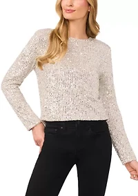 Women's Long Sleeve Sequin Crew Neck T-Shirt