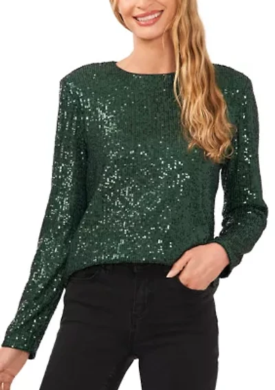 Women's Long Sleeve Sequin Crew Neck T-Shirt