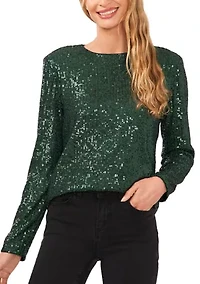 Women's Long Sleeve Sequin Crew Neck T-Shirt
