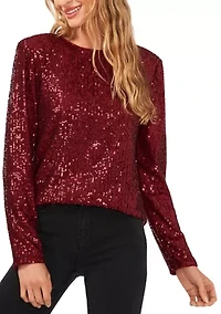Women's Long Sleeve Sequin Crew Neck T-Shirt