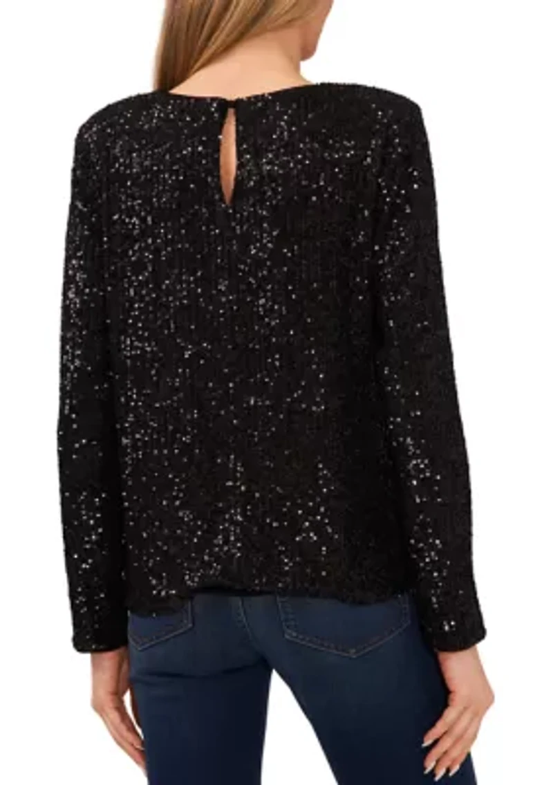 Women's Long Sleeve Sequin Crew Neck T-Shirt