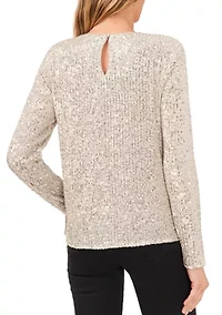 Women's Long Sleeve Sequin Crew Neck T-Shirt