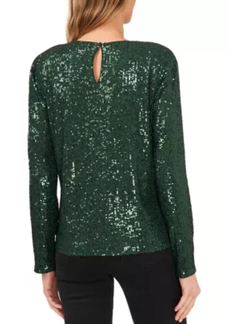 Women's Long Sleeve Sequin Crew Neck T-Shirt