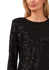 Women's Long Sleeve Sequin Crew Neck T-Shirt