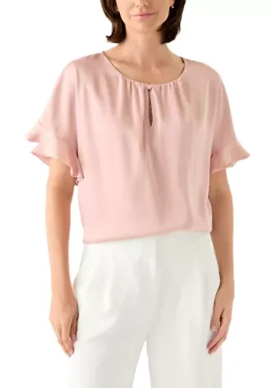 Women's Ruffled Short Sleeve Split Neck Blouse