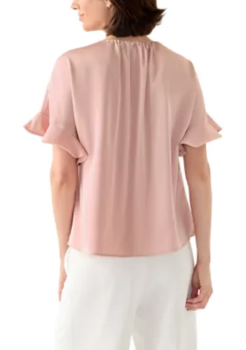 Women's Ruffled Short Sleeve Split Neck Blouse