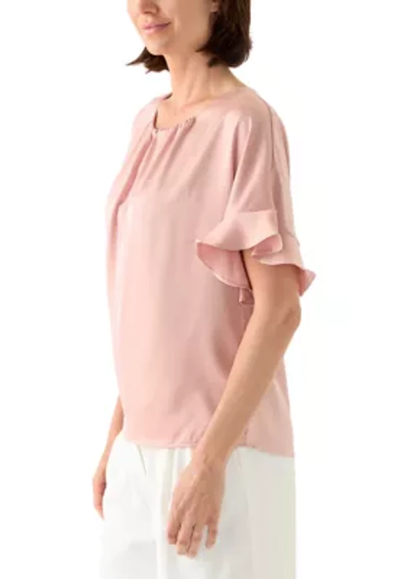 Women's Ruffled Short Sleeve Split Neck Blouse