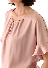 Women's Ruffled Short Sleeve Split Neck Blouse