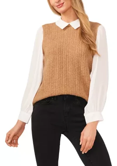 Women's Long Sleeve Cable 2fer Sweater