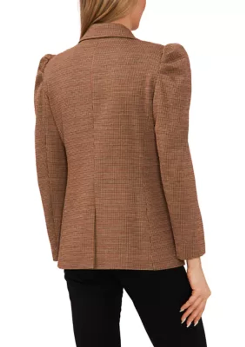 Women's Plaid Puff Sleeve Open Blazer