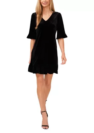 Women's Ruffle Sleeve V-Neck Velvet Dress