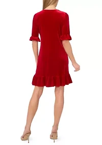 Women's Ruffle Sleeve V-Neck Velvet Dress