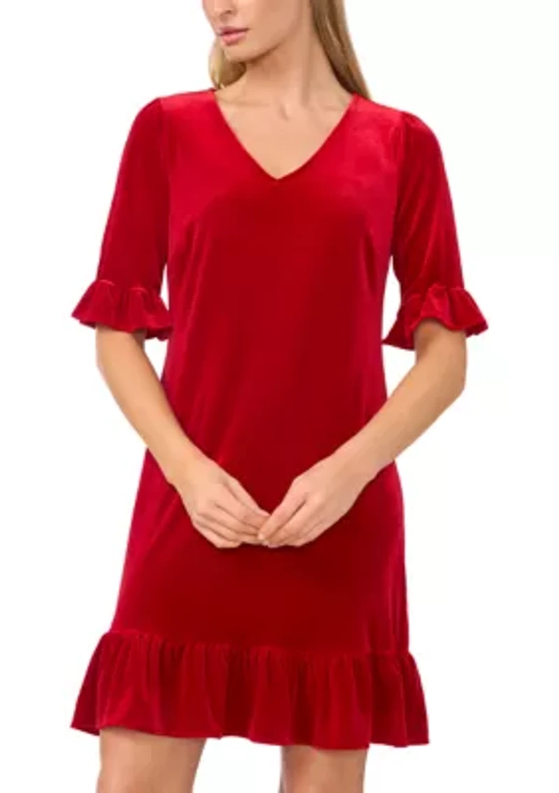Women's Ruffle Sleeve V-Neck Velvet Dress