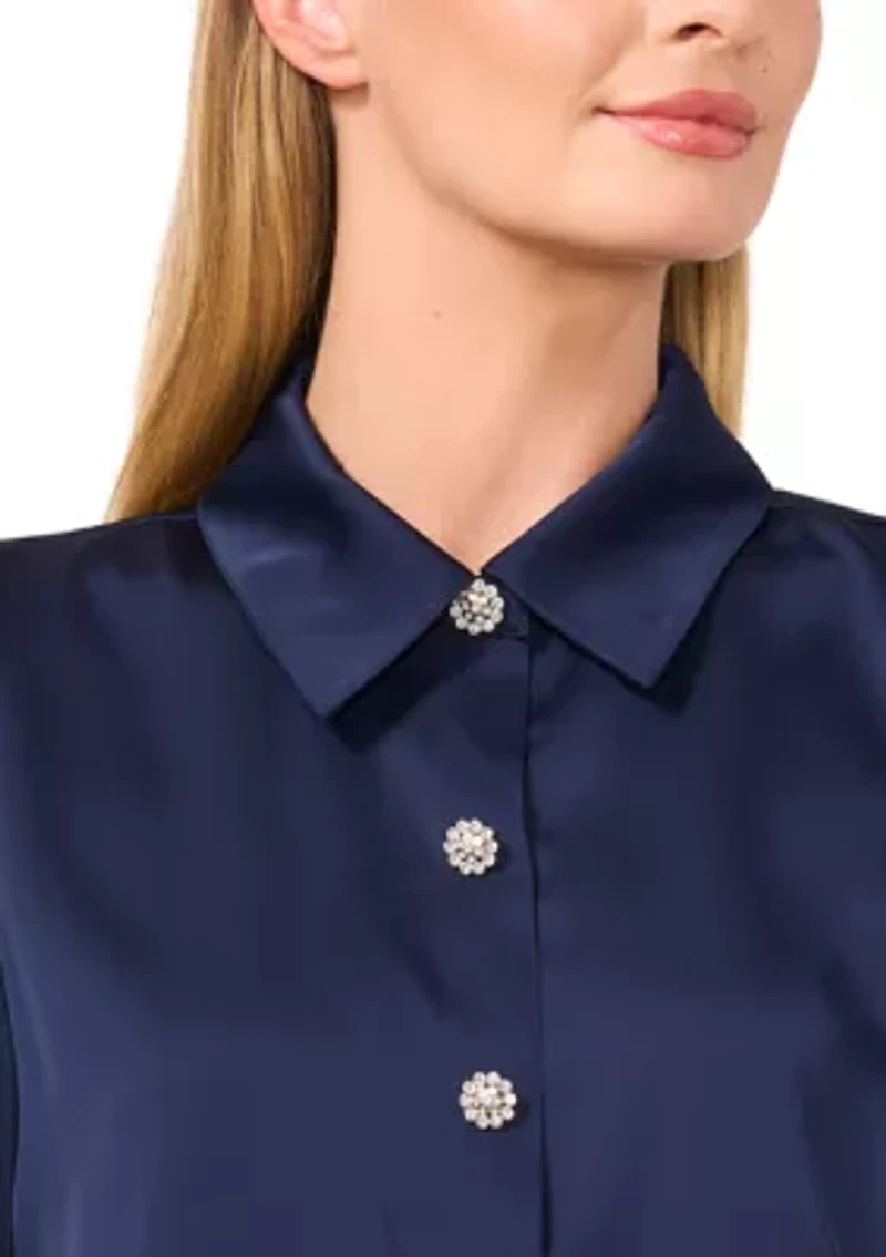 Women's Long Sleeve Bling Button Blouse